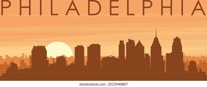 Brown panoramic poster of the city skyline with misty background buildings, sunrise, clouds and mountains of PHILADELPHIA, UNITED STATES