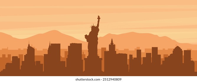 Brown panoramic poster of the city skyline with misty background buildings, sunrise, clouds and mountains of NEW YORK, UNITED STATES