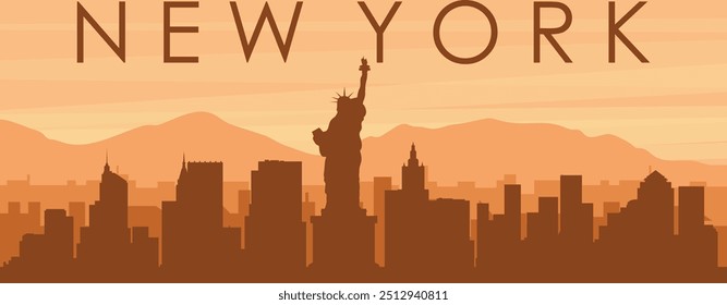 Brown panoramic poster of the city skyline with misty background buildings, sunrise, clouds and mountains of NEW YORK, UNITED STATES