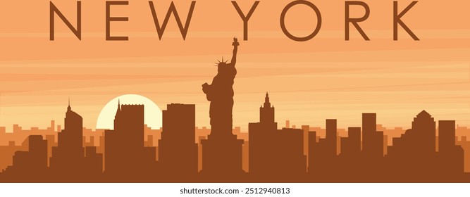 Brown panoramic poster of the city skyline with misty background buildings, sunrise, clouds and mountains of NEW YORK, UNITED STATES