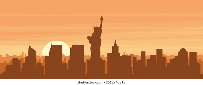 Brown panoramic poster of the city skyline with misty background buildings, sunrise, clouds and mountains of NEW YORK, UNITED STATES