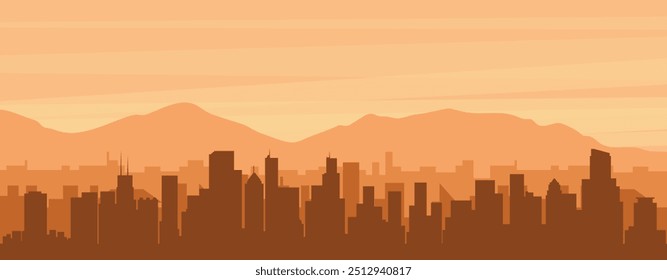 Brown panoramic poster of the city skyline with misty background buildings, sunrise, clouds and mountains of CHICAGO, UNITED STATES