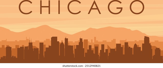 Cartaz panorâmico marrom do horizonte da cidade com edifícios de fundo nebulosos, nascer do sol, nuvens e montanhas de CHICAGO, ESTADOS UNIDOS