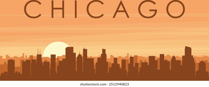 Cartaz panorâmico marrom do horizonte da cidade com edifícios de fundo nebulosos, nascer do sol, nuvens e montanhas de CHICAGO, ESTADOS UNIDOS