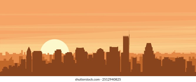 Brown panoramic poster of the city skyline with misty background buildings, sunrise, clouds and mountains of BOSTON, UNITED STATES