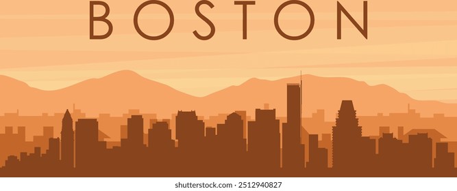 Brown panoramic poster of the city skyline with misty background buildings, sunrise, clouds and mountains of BOSTON, UNITED STATES