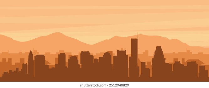 Brown panoramic poster of the city skyline with misty background buildings, sunrise, clouds and mountains of BOSTON, UNITED STATES