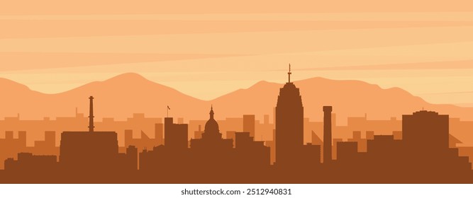 Brown panoramic poster of the city skyline with misty background buildings, sunrise, clouds and mountains of LANSING, UNITED STATES