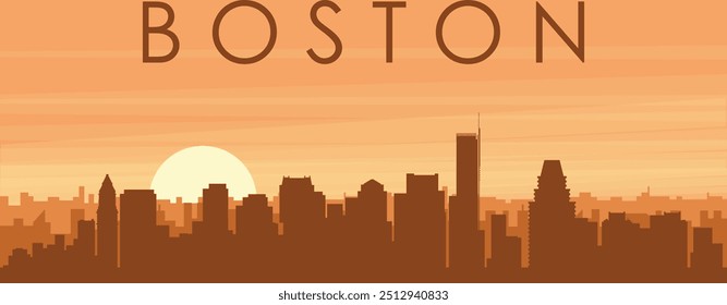 Brown panoramic poster of the city skyline with misty background buildings, sunrise, clouds and mountains of BOSTON, UNITED STATES