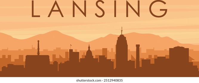 Brown panoramic poster of the city skyline with misty background buildings, sunrise, clouds and mountains of LANSING, UNITED STATES