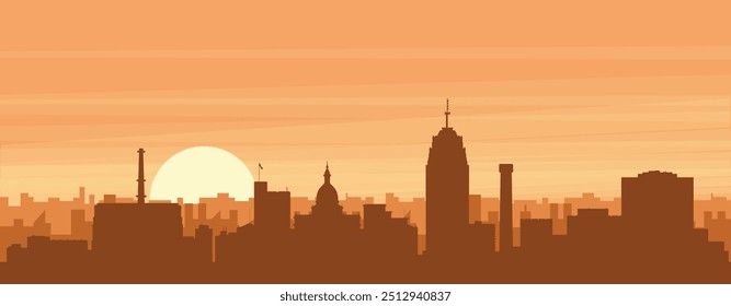 Brown panoramic poster of the city skyline with misty background buildings, sunrise, clouds and mountains of LANSING, UNITED STATES