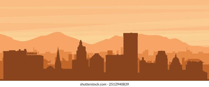 Brown panoramic poster of the city skyline with misty background buildings, sunrise, clouds and mountains of PROVIDENCE, UNITED STATES