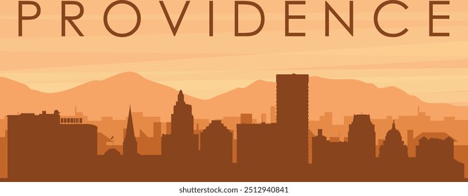 Brown panoramic poster of the city skyline with misty background buildings, sunrise, clouds and mountains of PROVIDENCE, UNITED STATES