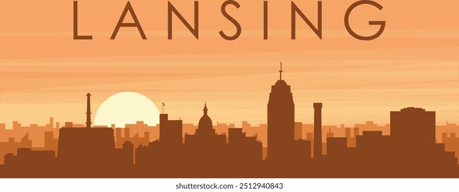 Brown panoramic poster of the city skyline with misty background buildings, sunrise, clouds and mountains of LANSING, UNITED STATES