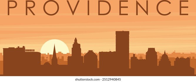 Brown panoramic poster of the city skyline with misty background buildings, sunrise, clouds and mountains of PROVIDENCE, UNITED STATES