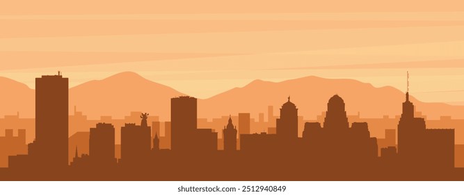 Brown panoramic poster of the city skyline with misty background buildings, sunrise, clouds and mountains of BUFFALO, UNITED STATES