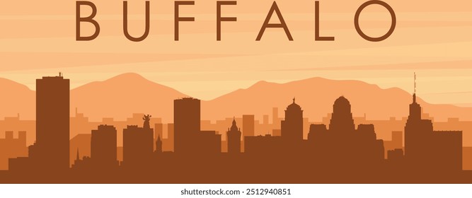 Brown panoramic poster of the city skyline with misty background buildings, sunrise, clouds and mountains of BUFFALO, UNITED STATES