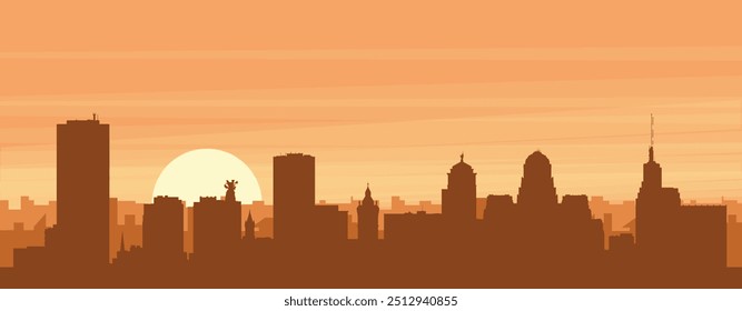 Brown panoramic poster of the city skyline with misty background buildings, sunrise, clouds and mountains of BUFFALO, UNITED STATES