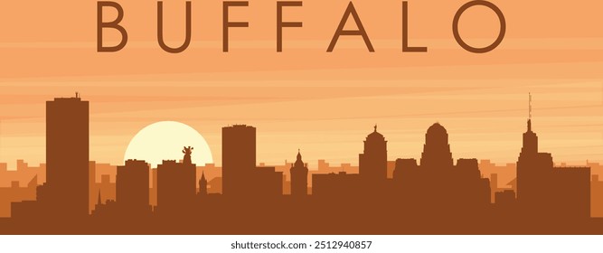 Brown panoramic poster of the city skyline with misty background buildings, sunrise, clouds and mountains of BUFFALO, UNITED STATES