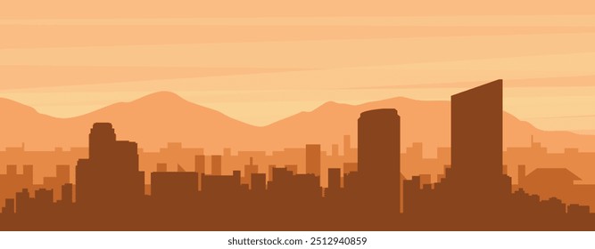 Brown panoramic poster of the city skyline with misty background buildings, sunrise, clouds and mountains of GRAND RAPIDS, UNITED STATES