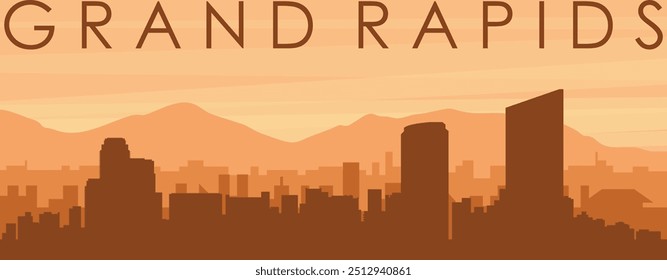 Brown panoramic poster of the city skyline with misty background buildings, sunrise, clouds and mountains of GRAND RAPIDS, UNITED STATES