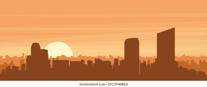 Brown panoramic poster of the city skyline with misty background buildings, sunrise, clouds and mountains of GRAND RAPIDS, UNITED STATES