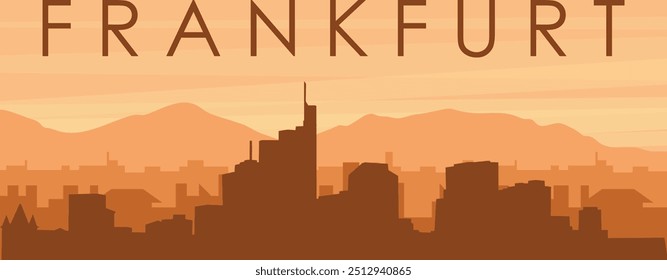 Brown panoramic poster of the city skyline with misty background buildings, sunrise, clouds and mountains of FRANKFURT, GERMANY