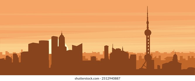 Brown panoramic poster of the city skyline with misty background buildings, sunrise, clouds and mountains of SHANGHAI, CHINA