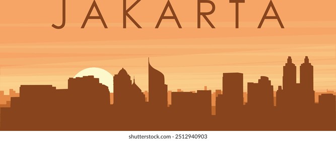 Brown panoramic poster of the city skyline with misty background buildings, sunrise, clouds and mountains of JAKARTA, INDONESIA
