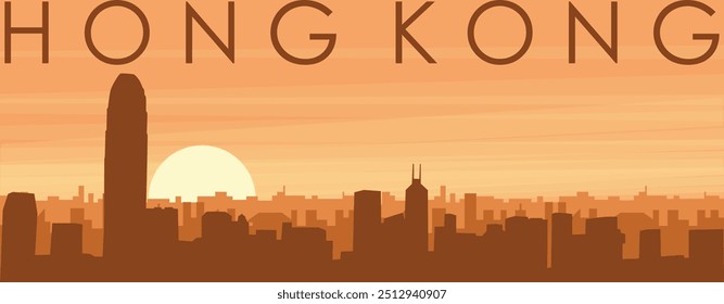Brown panoramic poster of the city skyline with misty background buildings, sunrise, clouds and mountains of HONG KONG