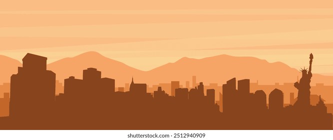 Brown panoramic poster of the city skyline with misty background buildings, sunrise, clouds and mountains of NEW YORK, UNITED STATES