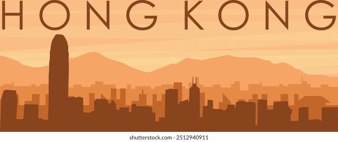 Brown panoramic poster of the city skyline with misty background buildings, sunrise, clouds and mountains of HONG KONG