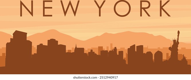 Brown panoramic poster of the city skyline with misty background buildings, sunrise, clouds and mountains of NEW YORK, UNITED STATES