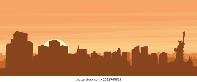 Brown panoramic poster of the city skyline with misty background buildings, sunrise, clouds and mountains of NEW YORK, UNITED STATES