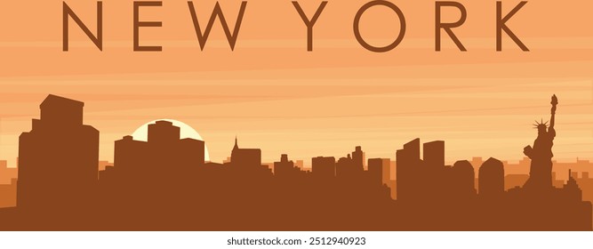 Brown panoramic poster of the city skyline with misty background buildings, sunrise, clouds and mountains of NEW YORK, UNITED STATES