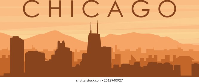 Cartaz panorâmico marrom do horizonte da cidade com edifícios de fundo nebulosos, nascer do sol, nuvens e montanhas de CHICAGO, ESTADOS UNIDOS