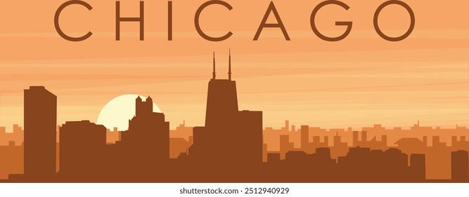 Brown panoramic poster of the city skyline with misty background buildings, sunrise, clouds and mountains of CHICAGO, UNITED STATES