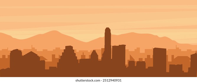 Braunes Panorama-Poster der Skyline der Stadt mit nebeligen Hintergrundgebäuden, Sonnenaufgang, Wolken und Bergen von AUSTIN, VEREINIGTE STAATEN