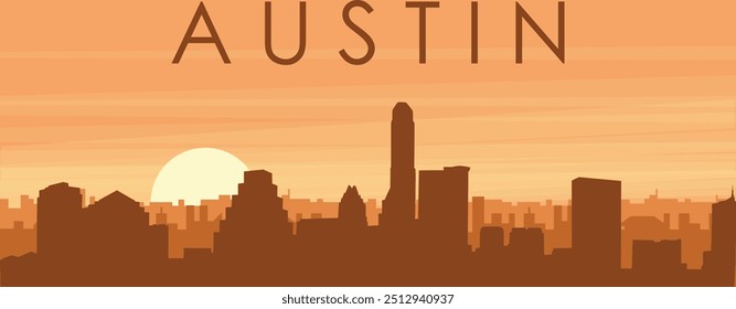 Brown panoramic poster of the city skyline with misty background buildings, sunrise, clouds and mountains of AUSTIN, UNITED STATES