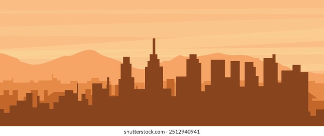 Brown panoramic poster of the city skyline with misty background buildings, sunrise, clouds and mountains of PHILADELPHIA, UNITED STATES