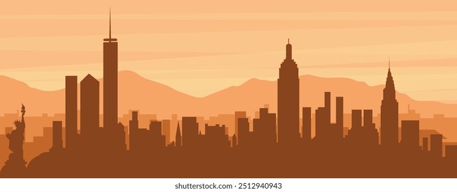 Brown panoramic poster of the city skyline with misty background buildings, sunrise, clouds and mountains of NEW YORK, UNITED STATES