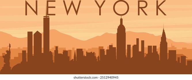 Brown panoramic poster of the city skyline with misty background buildings, sunrise, clouds and mountains of NEW YORK, UNITED STATES