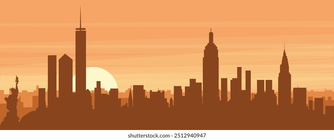 Póster panorámico marrón del horizonte de la ciudad con edificios de fondo brumoso, amanecer, nubes y montañas de la NUEVA YORK, ESTADOS UNIDOS