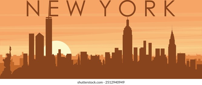 Brown panoramic poster of the city skyline with misty background buildings, sunrise, clouds and mountains of NEW YORK, UNITED STATES