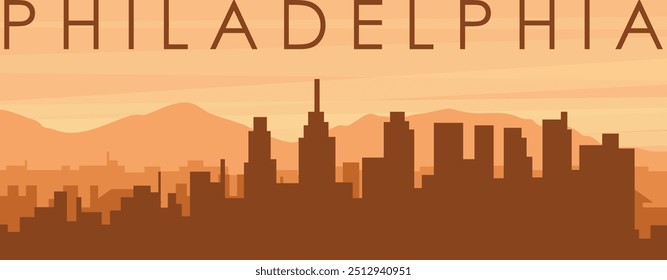 Brown panoramic poster of the city skyline with misty background buildings, sunrise, clouds and mountains of PHILADELPHIA, UNITED STATES