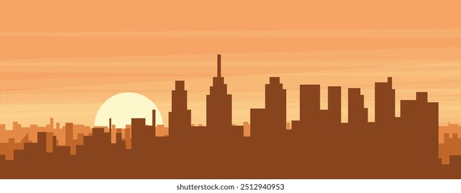 Brown panoramic poster of the city skyline with misty background buildings, sunrise, clouds and mountains of PHILADELPHIA, UNITED STATES