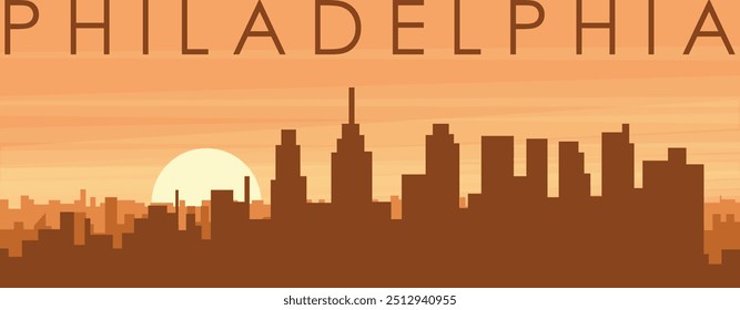 Brown panoramic poster of the city skyline with misty background buildings, sunrise, clouds and mountains of PHILADELPHIA, UNITED STATES