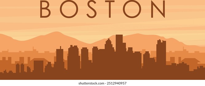 Brown panoramic poster of the city skyline with misty background buildings, sunrise, clouds and mountains of BOSTON, UNITED STATES