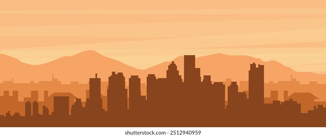 Brown panoramic poster of the city skyline with misty background buildings, sunrise, clouds and mountains of BOSTON, UNITED STATES