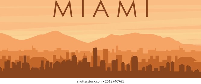 Brown panoramic poster of the city skyline with misty background buildings, sunrise, clouds and mountains of MIAMI, UNITED STATES